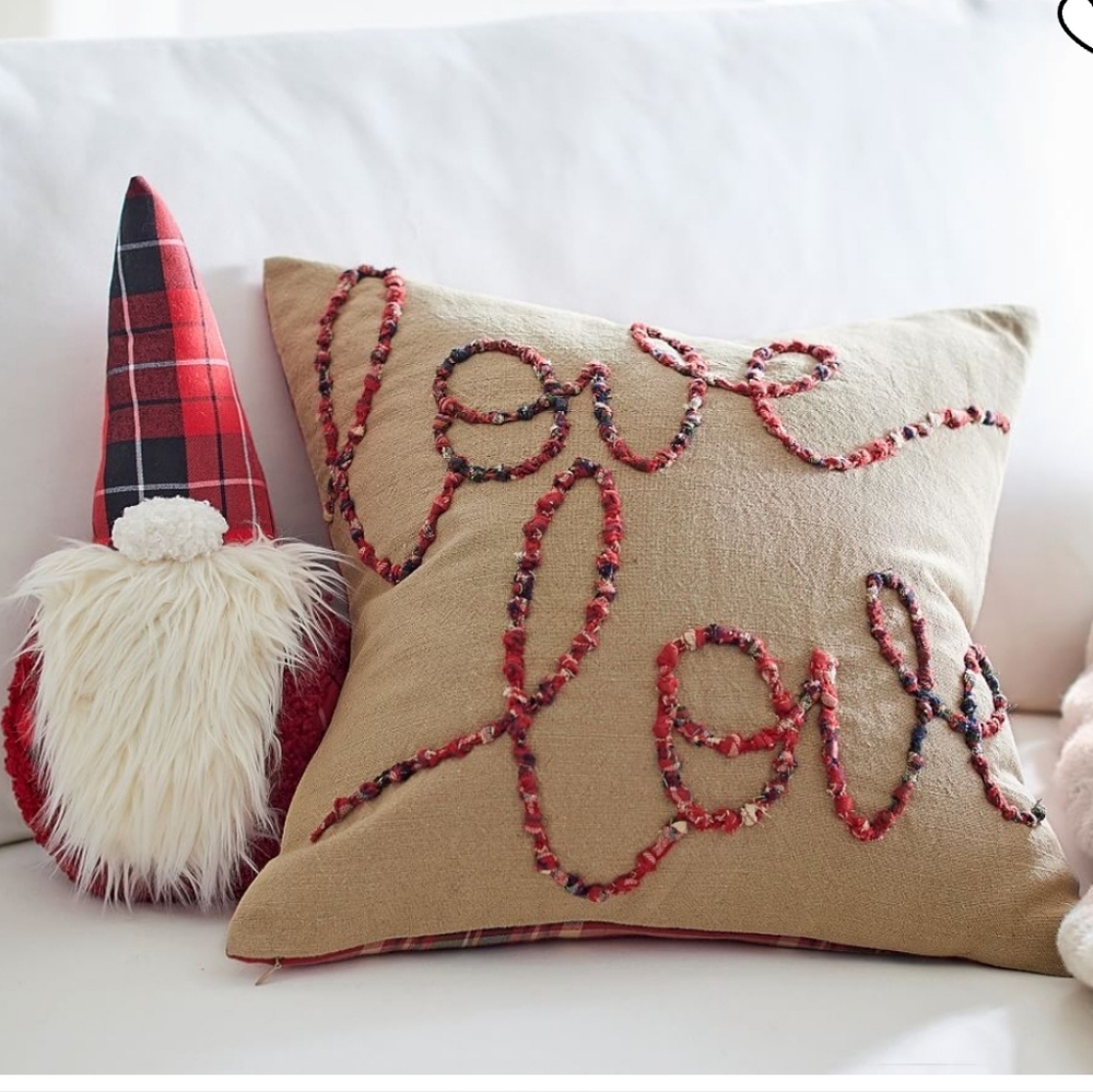 Pottery Barn Love Script Reversible Plaid Pillow Cover, Red Khaki Rustic NWT